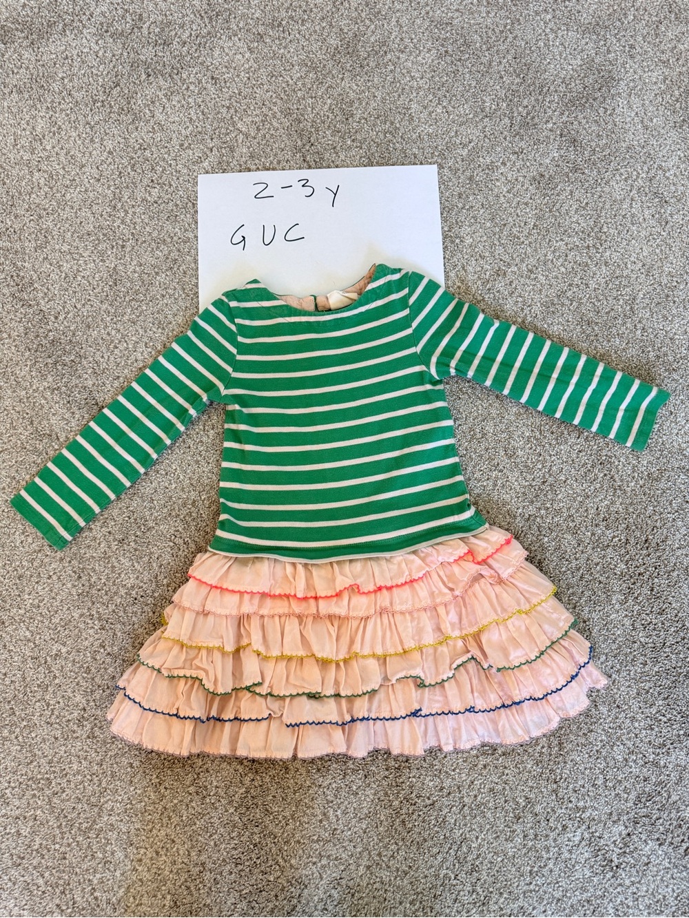 Mini Boden Green and White Striped Long-Sleeve Dress with Pink Ruffle Skirt